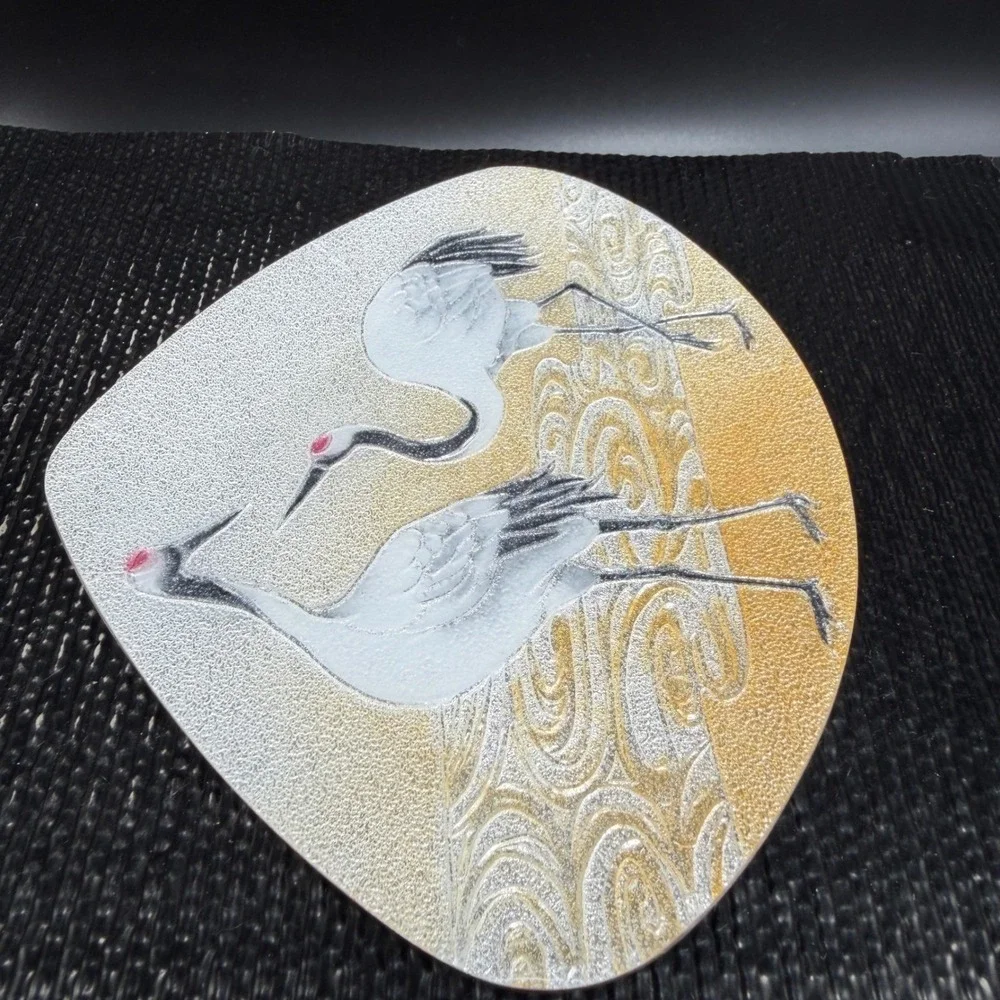 Ando Cloisonne Japanese Enamel Fan Plate Red Crowned‎ Cranes Silver Gold w Stand